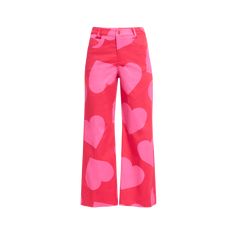 Libertine "Pinky" pants in red heart print Cropped fit Mid rise sits high on hip Wide legs Five-pocket style Button/zip fly; belt loops Cotton/elastane Dry clean Made in USA Cotton Bottoms With Heart Print, Pink Heart Print Bottoms For Spring, Fitted Cotton Bottoms With Heart Print, Trendy Heart Print Bottoms For Spring, Fitted Pink Bottoms With Heart Print, Trendy Pink Pants With Belt Loops, Casual Straight Leg Bottoms With Heart Print, Fitted Heart Print Bottoms For Spring, Casual High Waist Heart Print Bottoms