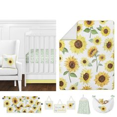 a baby crib bedding set with sunflowers on it and other items