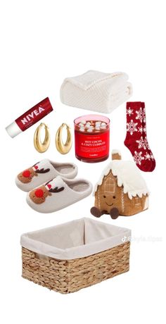 a basket filled with christmas items on top of a white surface