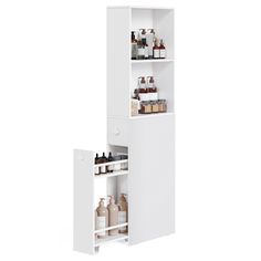 two white shelves with bottles and containers in them on top of each other next to each other