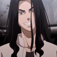 an anime character with long black hair wearing a white shirt and looking at the camera