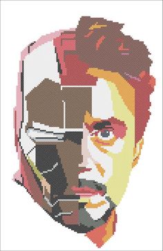 a cross stitch portrait of a man with glasses on his face, in the style of pixel art