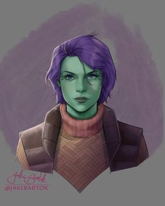 a drawing of a woman with purple hair and green eyes, wearing a brown turtle neck sweater