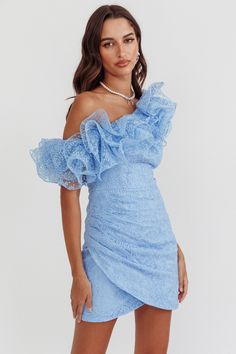 Hollyn One-Shoulder Ruffle Mini Dress Baby Blue by Selfie Leslie Short Blue Dress Formal, Winter Formal Dresses Short, Dress Baby Blue, Cute Formal Dresses, Queen Dresses, Cute Homecoming Dresses, Cute Prom Dresses, Formal Dresses Short, Mini Dress Fashion