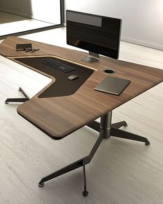 a computer desk with a monitor, keyboard and mouse sitting on it's side