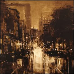 an oil painting of a city street at night