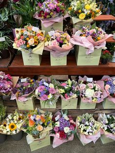 a bunch of flowers that are sitting on a shelf in front of some potted plants