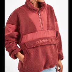 This Is Very Warm And Thick, It Is Also Very Oversized, Size Down, I Usually Wear A Medium And This Fits Me Great, Love This, It Is A Xs But I Am Going To Put Small Medium Because It Fits More Like That Red Winter Tops With Pockets, Adidas Red Winter Tops, Red Adidas Tops For Winter, Sporty Red Fleece Jacket For Fall, Red Fleece Jacket For Fall, Casual Sherpa Sweatshirt For Winter, Red Casual Fleece Jacket For Cold Weather, Red Casual Fleece Jacket With Pockets, Casual Red Fleece Jacket With Pockets