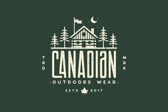 the canadian outdoors wear logo on a dark green background with trees and a cabin in the distance