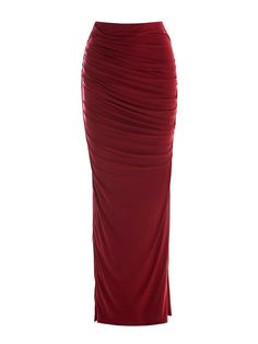 Our rich in red maxi skirt is crafted with a high waist and pleated detail throughout. Drape look on the body with a classic finish. Style with our matching tops and boots or heels for one must-have look! Hourglass Collection Import Self + Lining: 95% Polyester, 5% Spandex Model wears size X-Small This skirt is double-lined True to size Red Skirt Outfit Summer, Red Top And Skirt, Aesthetic Blender, Long Floral Skirts, Dark Red Skirt, Long Tight Skirt, Red Long Skirt, Long Silk Skirt, Fitted Maxi Skirt