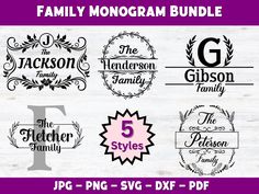 the family monogram bundle includes 5 svg files and 3 dxf files