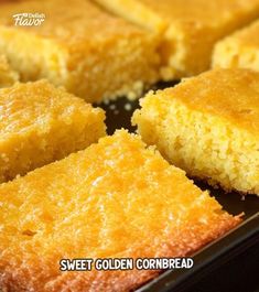 several pieces of cornbread sitting in a pan with the words sweet golden cornbread