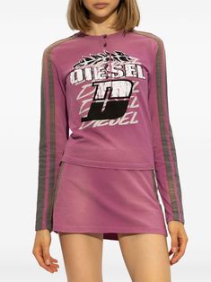 Find DIESEL Logo-print Long-sleeve T-shirt on Editorialist. pink cotton jersey texture logo print to the front side stripe detailing crew neck front button placket long sleeves straight hem Purple Shirt Aesthetic, Athletic Chic, Texture Logo, Diesel T Shirts, High Heel Rain Boots, Shirt Aesthetic, Yoko London, City Dress, Purple Shirt