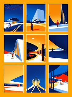 six different images of people walking in the snow at night, with orange and blue hues