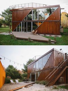 two pictures side by side of a house with stairs leading up to the second floor