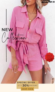 Fashion Chic Solid Lapel Three-quarter Sleeve Lace Up Romper Summer Pink Blouse With Pockets, Chic Fashion, Fashion Chic, Elevate Your Style, Three Quarter Sleeves, Quarter Sleeve, Three Quarter, Your Style, Chic Style