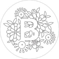 the letter b is surrounded by flowers and leaves on a white circle with black outline