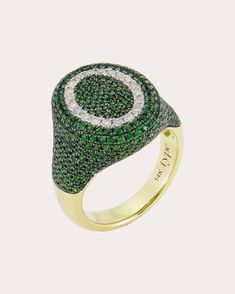 A statement take on traditional signet styles, this 14-karat gold ring shows off an oval-shaped face decorated with genuine white diamonds and over one carat of green tsavorite stones. From Type Jewelry's Je t'Aime Collection. 14k gold, tsavorite and diamond Carat: 0.17 ctw diamond, 1.47 ctw tsavorite Polish with soft cloth Made in Hong Kong Measurements Face height: 0.59in (15mm) Diamond Signet Ring, Diamond Carat, White Diamonds, Signet Ring, Diamond White, Gold Ring, Hong Kong, Gold Rings, Ring Size