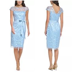 Eliza J Embroidered Illusion Sheath Dress In Sky Blue Size 14 New Without Tags. * Missing Belt. Be The Best-Dressed Guest In Eliza J's Embroidered Sheath Dress, Cinched By A Belted Waist. Tailored Fit Through The Chest, Waist, And Hips; Sits Close To The Body Boat Neckline With Illusion Detail; Sheath Silhouette Back Zipper Closure Self-Tie Belt At Waist Lined Shell: Polyester; Lining: Polyester Dry Clean Imported Blue Lace Dress With Illusion Neckline, Elegant Fitted Light Blue Lace Dress, Blue Fitted Lace Knee-length Dress, Blue Knee-length Lace Dress For Wedding, Fitted Blue Dress With Illusion Neckline, Fitted Light Blue Lace Dress, Blue Knee-length Dress For Mother Of The Bride, Blue Fitted Dress For Mother Of The Bride, Blue Short Sleeve Lace Evening Dress