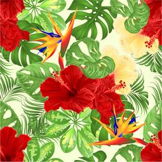 red flowers and green leaves on a white background