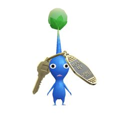 a blue cartoon character holding a key with a green leaf sticking out of it's mouth