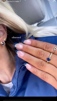 Different Design French Tip Nails, Pattern Nails Simple, Cute Summer Gel X Nails, Short Almond Nails Simple Designs, French Tip Nails With Blue Design, European Nails Summer, Aesthetic Summer Nails 2024, Vacation Nail Inspo Almond, Hoco Nails Royal Blue