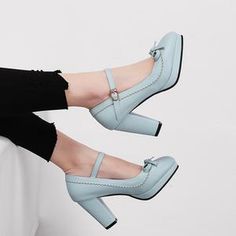 High-heel Fastener Shallow Mouth Platform Pumps – Shoeu Casual Fitted Heels With Round Toe, Casual Round Toe Fitted Heels, Mary Jane Shoes Heels, Retro Heels, Wedding High Heels, Blue Pumps, Pump Types, White Pumps, Strap Pumps