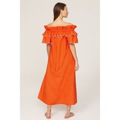 Orange cotton (100% Cotton). Shift. Short sleeves. Off the shoulder. Pull on. 48" from bust to hemline. Imported. Spring Cotton Off-shoulder Dress, Chic Off-shoulder Cotton Midi Dress, Off-shoulder Cotton Midi Dress For Spring, Off-shoulder Daywear Dresses With Ruffles, Off-shoulder Ruffle Dresses For Daywear, Spring Orange Cotton Dress, Orange Cotton Dress For Spring, Orange Off-shoulder Spring Dress, Orange Cotton Midi Dress For Daywear