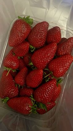 a plastic container filled with lots of ripe strawberries