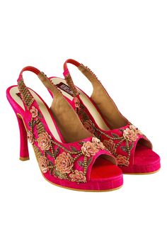 Floral embroidered magenta raw silk peep toe slingback stilettos.
Work: Beads and sequin embroidery
Color: Pink
Composition: Raw silk, polyurethane
Other Details: 
4.5 inch stiletto - Aza Fashions Tamil Weddings, Country Costume, Disney Wedding Shoes, Simple Wedding Shoes, Bridal Sandals Heels, Gold Movie, Indian Wedding Shoes, Converse Wedding Shoes, Wedding Shoes Sandals