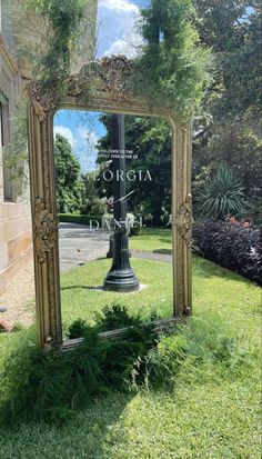 a mirror sitting on top of a lush green field