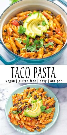 two pictures showing different types of taco pasta with avocado and black beans