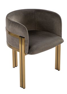 a grey chair with gold legs and a round backrest on an isolated white background