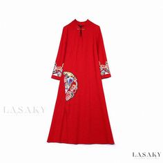 Lasaky - Enhanced Qipao Cheongsam Dress: Hanfu-inspired Tea Ceremony Attire with Exquisite Embroidery and Long Skirt Qipao Dress Traditional, Chinese Cheongsam Dress, Tea Gown, Long Sleeve Turtleneck Dress, Dress Traditional, Traditional Chinese Dress, Qipao Dress, Chinese Hanfu, Cotton Linen Dresses