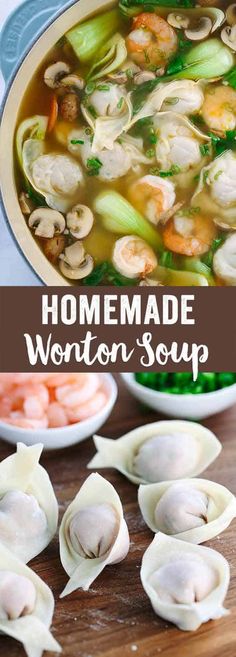 homemade wonton soup with shrimp and scallops in it