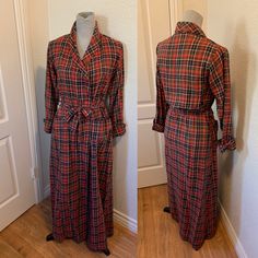 Perfectly preppy, this red plaid robe, with its blue Ralph Lauren polo horse & rider logo embroidered in silver. 100% cotton, in soft shades of red, black, green & white. With a narrow shawl collar, tie sash, a pair of deep open top patch pockets at the hips in front and , wide cuffs, and cuffs have a rounded notch along the outseams. A classic look for  a sophisticated Bohemian host or hostess. Circa 1970s. This robe is unlined, but cannot be seen through. Tagged P for Petite. Please refer to t Plaid Robe Women, Rider Logo, Red Plaid Pajamas, Blue Ralph Lauren, Plaid Cotton Sleepwear, Polo Horse, Saint Helena, Red Black Green, Pajama Robe