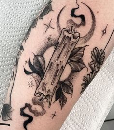 Witchcraft Tattoo Sleeve, Male Tattoo Placement Ideas, Tattoo Ideas Female Spooky, Gothic Patchwork Sleeve Tattoo, Long Tattoo Design Arm, Witchy Goth Tattoo, Witch Protection Tattoo, Double Candle Tattoo, Tarot Sleeve Tattoo