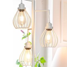 two light fixtures hanging from a wall next to a mirror and potted plant in front of a window