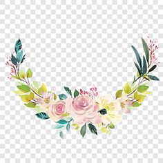 watercolor flowers and leaves are arranged in the shape of a curved frame on a transparent background