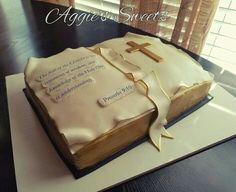 a cake made to look like an open bible