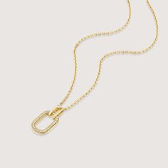 A gold chain and pendant, inspired by the interlinking of cufflinks, brings this necklace to life. As part of our Tailored Collection we studied all elements of suiting, and were fascinated by how a cufflink weaves itself through a button hole and connects to offer a practical yet beautiful finish. The oval pendant with diamond tracing hangs onto the chain with a hook that has a diamond at its center. The frame of the pendant measures 17mm and has 25 diamonds set within. If ordered in rose gold, the chain will be our Rollo chain. All features can be customized! Please contact us if you wish to make changes, we love making custom designs. All of our jewelry is carefully handmade in our atelier. *HC diamond are all conflict-free diamonds To order by phone 972-72-2991000 Timeless Link Chain Necklaces, Timeless Chain Necklaces, Timeless Oval Link Necklace With Adjustable Chain, Elegant White Gold Jewelry With Rectangular Links, Luxury White Gold Jewelry With Adjustable Chain, Luxury Chain Link Necklace For Formal Occasions, Luxury Formal Chain Link Necklace, Elegant Sterling Silver Jewelry With Rectangular Links, Timeless Link Necklace With Adjustable Chain