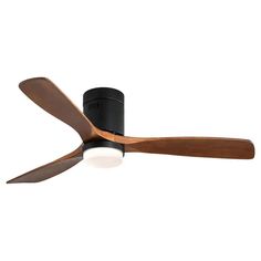 a black ceiling fan with wooden blades