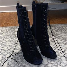 New. Never Worn. Dark Blue Velvet. Has Extra Long Laces But Also Side Zipper. Blue Lace-up Boots With Reinforced Heel, Blue Leather Heels For Winter, Blue Lace-up Formal Boots, Blue Pointed Toe Boots For Night Out, Blue Closed Toe Formal Boots, Formal Blue Ankle Boot Heels, Formal Blue Closed Toe Boots, Blue Closed Toe Party Boots, Blue Closed Toe Boots For Party