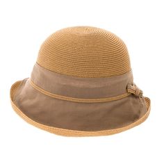 Cute fine straw summer cloche hat. Cotton ramie fabric mid-crown and brim. Asymmetrical facesaver style brim that disappears in back. Brim is straw trimmed and turned up. Shapeable, 3" wide brim. Dome crown. Small ramie and straw bow accent on side. Packable, crushable hat made for travel. Rated as excellent UPF 50+ sun protection hat. One size. 50% paperstraw, 25% cotton, 25% ramie Lightweight Brimmed Hat, Adjustable Curved Brim Cloche Hat With Upf 50+, Adjustable Cloche Hat With Upf 50+ And Curved Brim, Lightweight Straw Hat With Curved Brim, Lightweight Brimmed Sun Hat, Brown Brimmed Bucket Hat With Upf 50+, Beige Brimmed Panama Hat, Classic Cloche Hat For The Beach, Beige Cloche Hat For Vacation