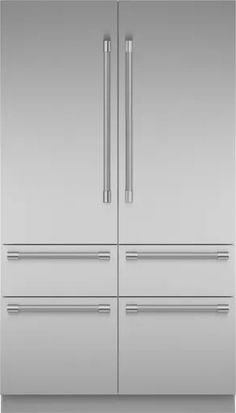 a large stainless steel refrigerator freezer with two doors and drawers on both sides, in front of a white background