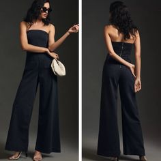 Brand New Anthropologie Pilcro Strapless Polished Wide-Leg Denim Jumpsuit Never Worn 61% Cotton, 39% Lyocell Front Patch And Back Welt Pockets Pull-On Styling Machine Wash Color Is Closer To Black/Dark Grey Comes In Original Anthro Packaging Dimensions: 15.5" Pit To Pit (Slightly Stretched) 14" Across Waist Lying Flat 51" In Length 30" Inseam 15" Leg Opening Fitted High Waist Cotton Strapless Jumpsuit, Chic High Rise Strapless Jumpsuit, Black High Waist Denim Jumpsuit For Summer, Chic Black Denim Jumpsuit, Black High Rise Denim Jumpsuit For Spring, Black High Rise Fitted Denim Jumpsuit, Black High-rise Fitted Denim Jumpsuit, Chic Sleeveless Denim Jumpsuit For Night Out, Chic Strapless Denim Jumpsuits And Rompers