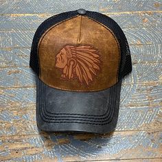 Indian Head Leather Patch Tan Leather Trucker Ball Cap Indian Head, Vintage Hat, Leather Patches, Ball Cap, Back Strap, Hats Vintage, Tan Leather, One Size Fits All, Baseball Cap