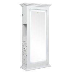 a tall white cabinet with drawers and a mirror on the top shelf, against a white background