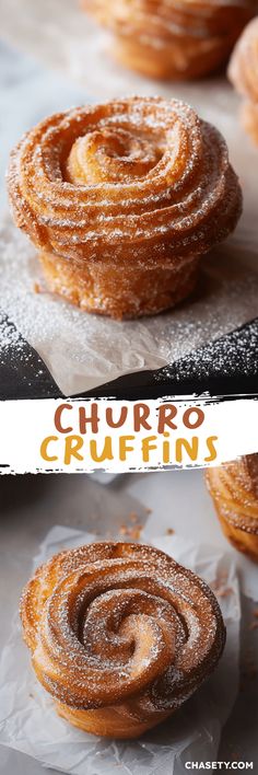 several different types of doughnuts on top of wax paper with the words churro cruffins above them