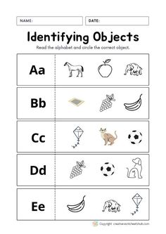 the worksheet for identifying objects with pictures and letters on it, including an apple,